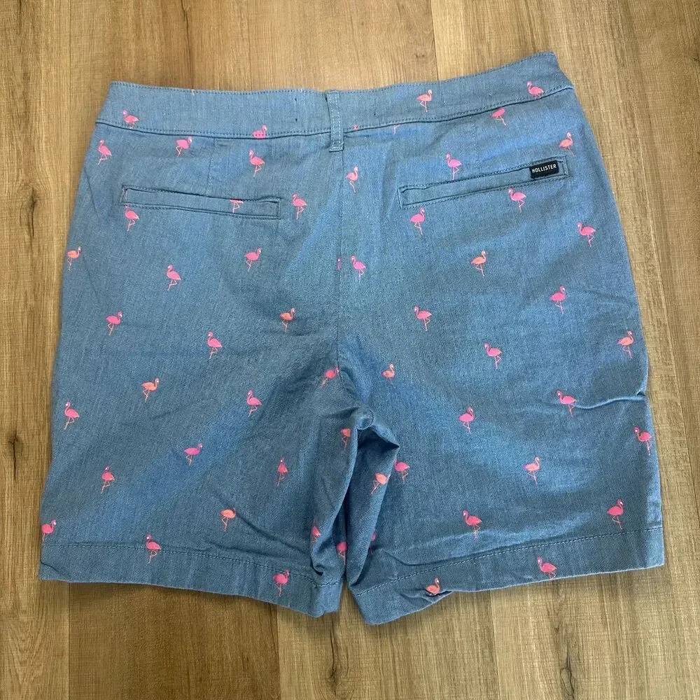 Hollister Blue Pink Flamingo 7” shorts Size 33 Mens Casual Nautical Beach